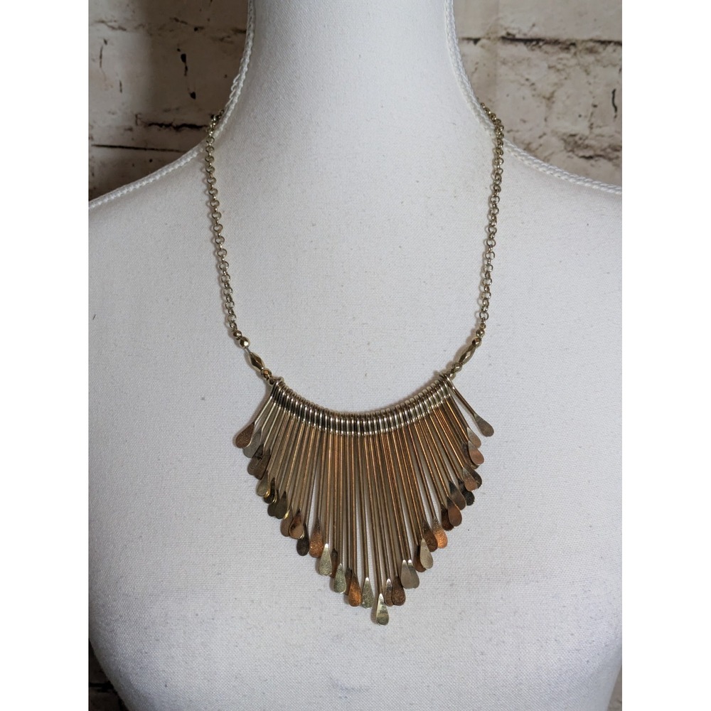 Metallic Fringe Bib Necklace Brass Tone Bohemian Tribal Vertical Modernist 18"